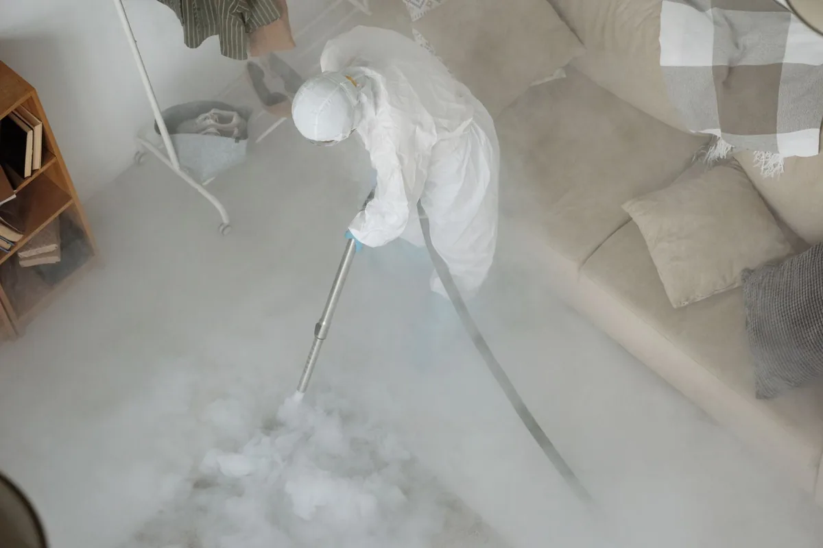 Biohazard cleanup technician in protective equipment, Wantagh, NY